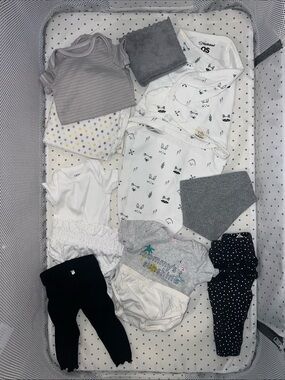 Carter's, Garanimal's etc Black & Gray Mixed Outfit Set, swaddle sack, cover bib